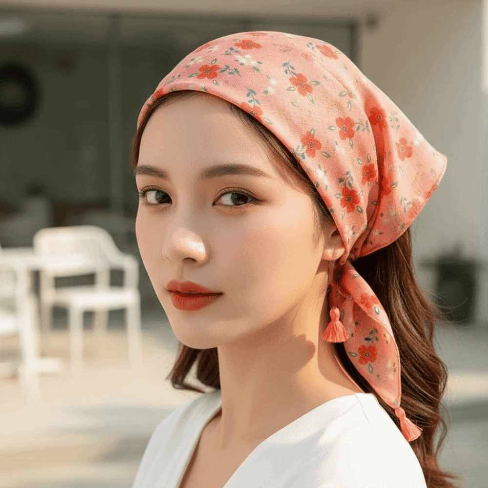 Bandana Cotton - ผ้าพันคอผ้าฝ้ายลินิน ผ้าพันคอทรงสี่เหลี่ยม ผ้าพันคอระบายอากาศได้ ผ้าพันคอโบโฮ ลายเชอร์รี่ ผ้าพันคอพิมพ์ลายดอกไม้