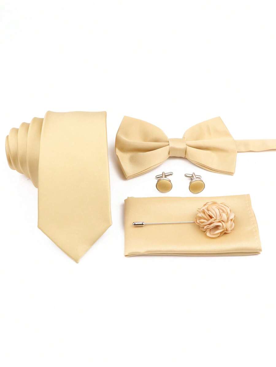 Pocket Square Set - SGIAWETA-ชุดเนคไทสีแชมเปญสำหรับเจ้าบ่าว 5 ชิ้น/ชุด ประกอบด้วยเนคไท, โบว์ไท, ผ้าพันคอ,
