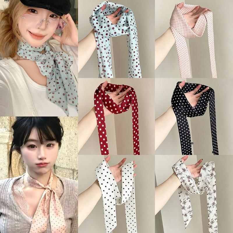 Silk Neck Scarf - ผ้าพันคอไหมลายจุดและลายดอกไม้ ผ้าพันคอบางสำหรับผูกคอ ที่คาดผม ริบบิ้นสำหรับกระเป๋า สำหรับผู้หญิง เครื่องประดับสไตล์วินเทจสำหรับใช้ในชีวิตประจำวัน